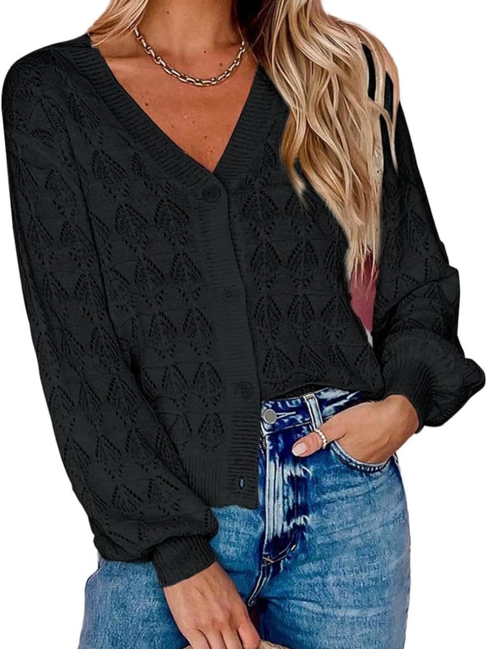 Black Eyelet Crochet Knit Balloon Sleeve Cardigan Sweater Size Large